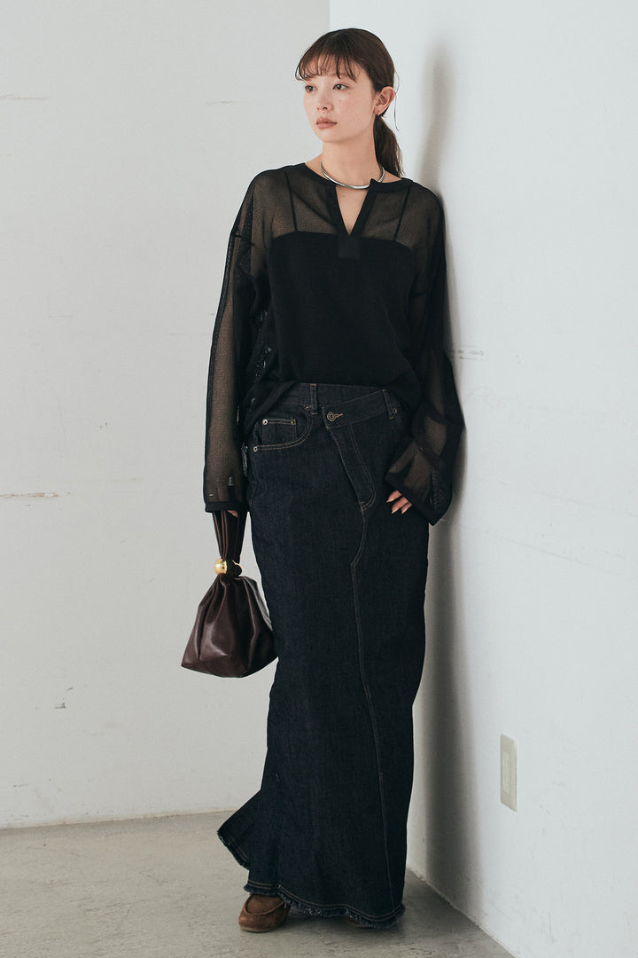 [SET]メッシュカットソースキッパープルオーバー+ウエストクロスデニムタイトスカート(2set)