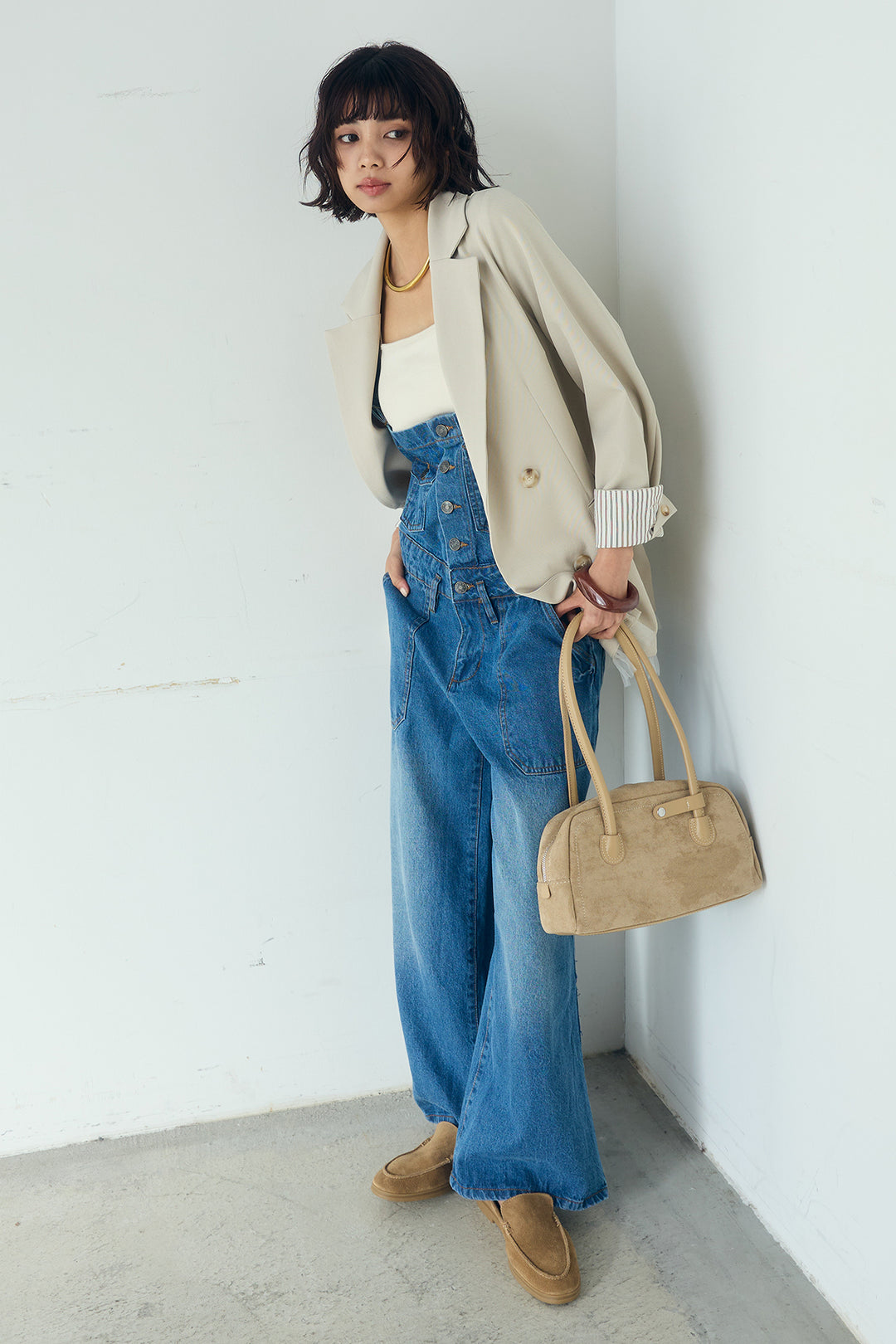 [SET]裾フリルダブルジャケット+デニムサロペットワイドパンツ(2set)