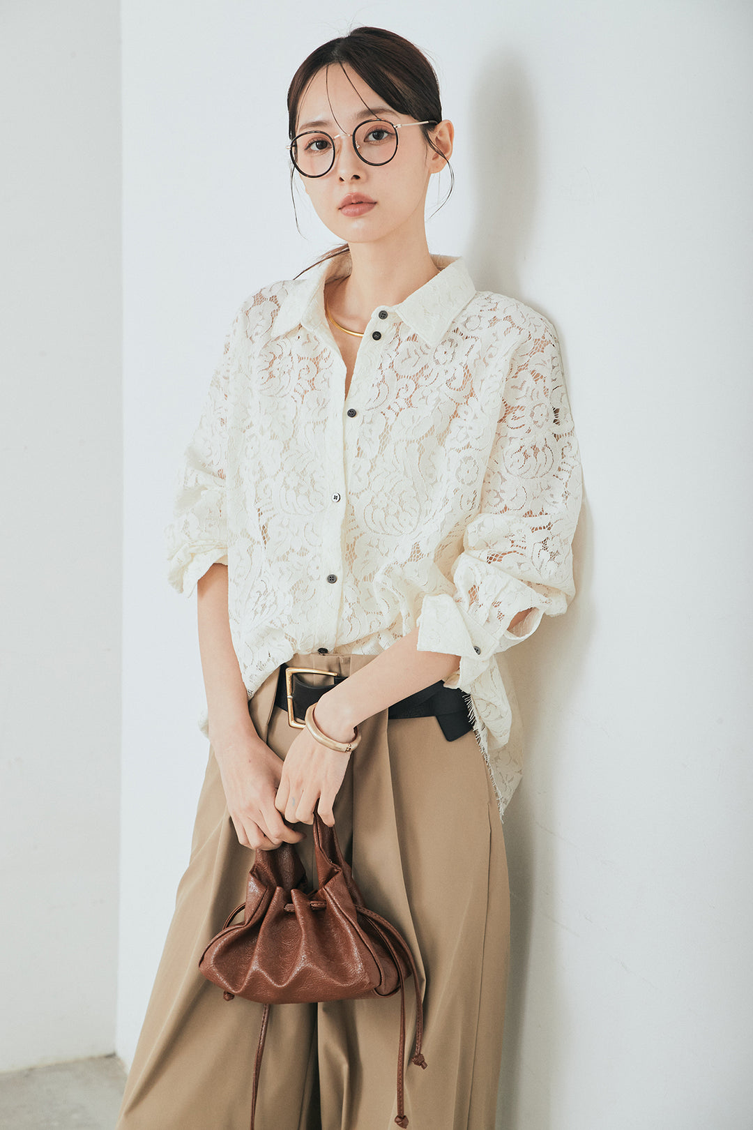 [SET]レース裾スカラップシャツ+ベルトループデザインハイウエストタックパンツ(2set)