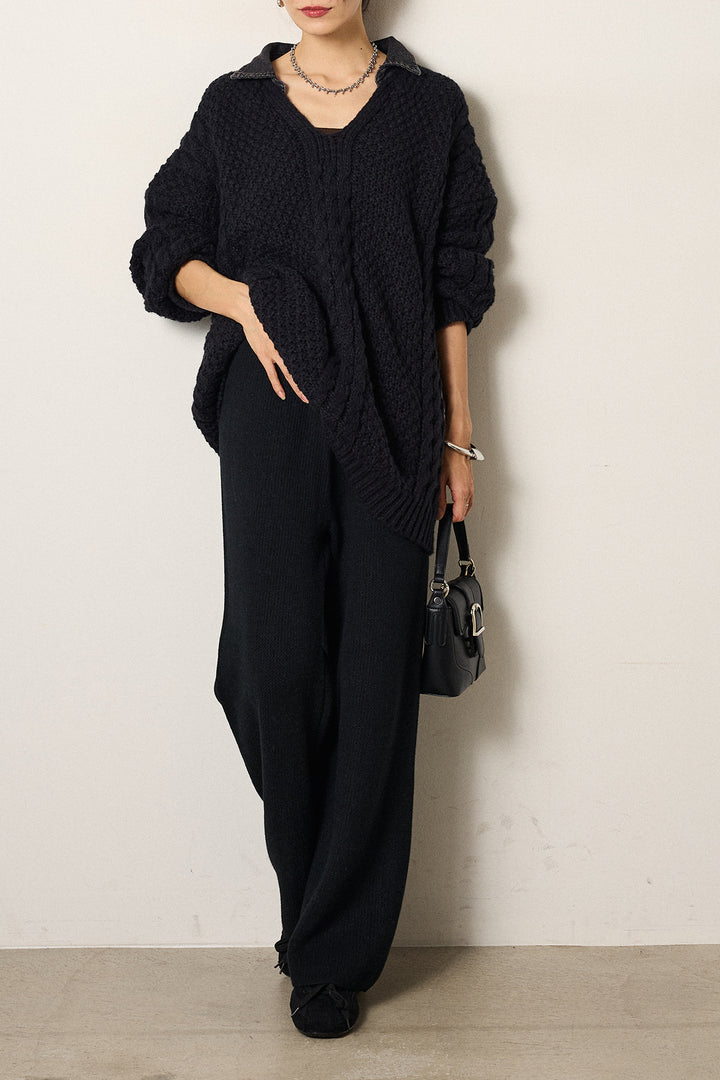 [SET]デニムカラーケーブルオーバーニット+ワイドリブニットイージーパンツ(2set)