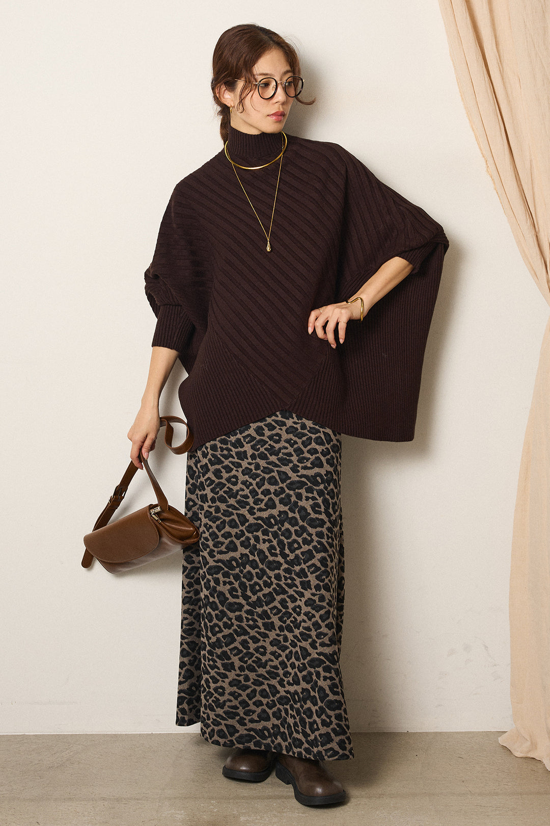 [SET]アシメデザインリブポンチョニットトップス+レオパードロングスカート(2set)