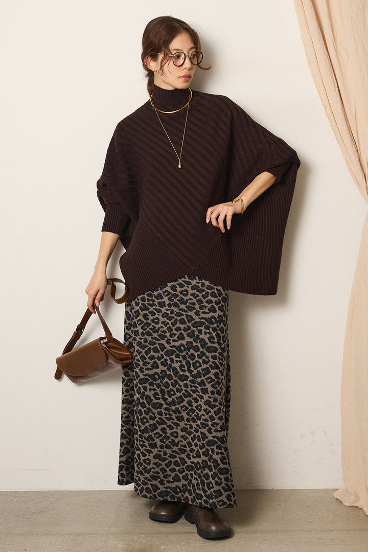 [SET]アシメデザインリブポンチョニットトップス+レオパードロングスカート(2set)