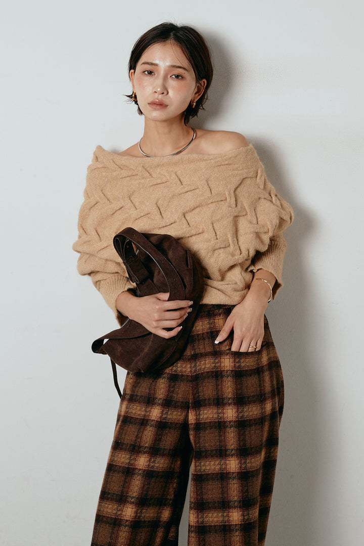 [SET]ボートネックニットトップス+ルーズタータンチェックワイドパンツ(2set)