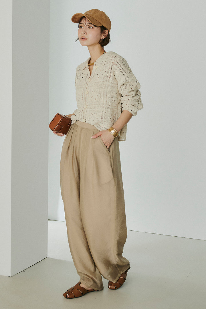 [SET]鍵編みフラワーレースカーディガン+オーガンジータックパンツ(2set)