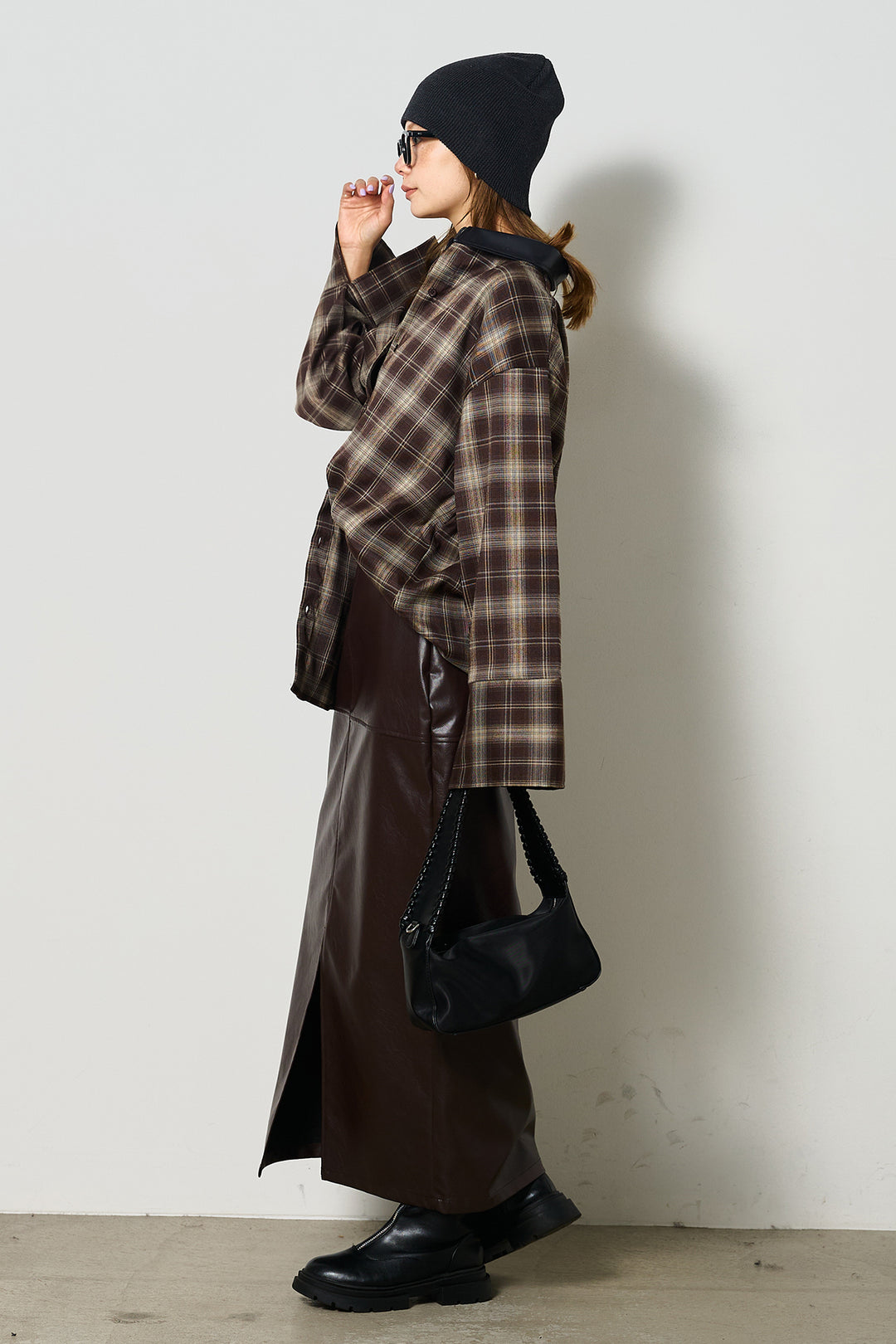 [SET]襟フェイクレザーネルチェックシャツ+フェイクレザーワイドスカート(2set)