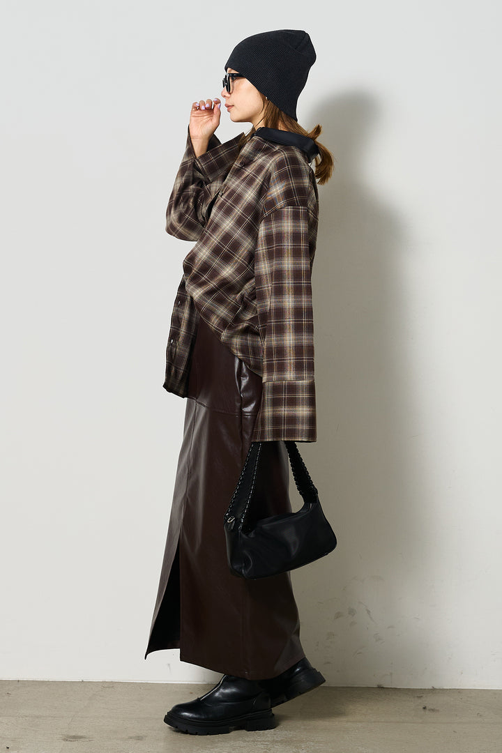 [SET]襟フェイクレザーネルチェックシャツ+フェイクレザーワイドスカート(2set)