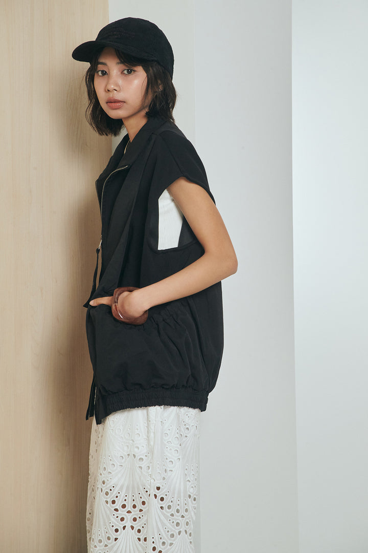 [SET]ショルダー切替スタンドネックジップベスト+レース刺繍リラックスパンツ(2set)