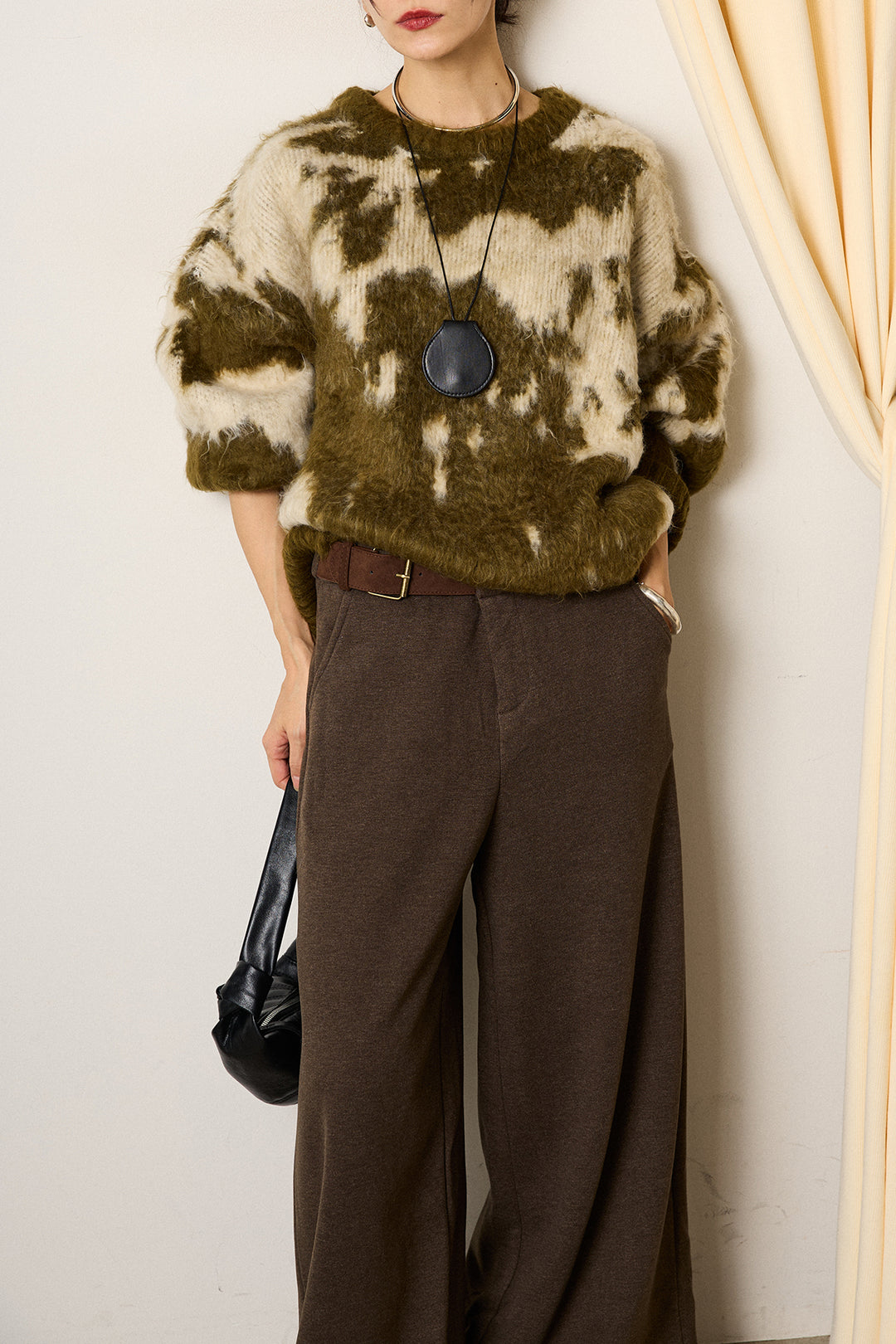 [SET]モヘアタッチマーブルニット+サイドベルトパンツ(2set)