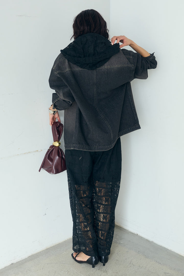 [SET]パッチワークレースショート丈フードシャツ+パッチワークレースイージーパンツ(2set)