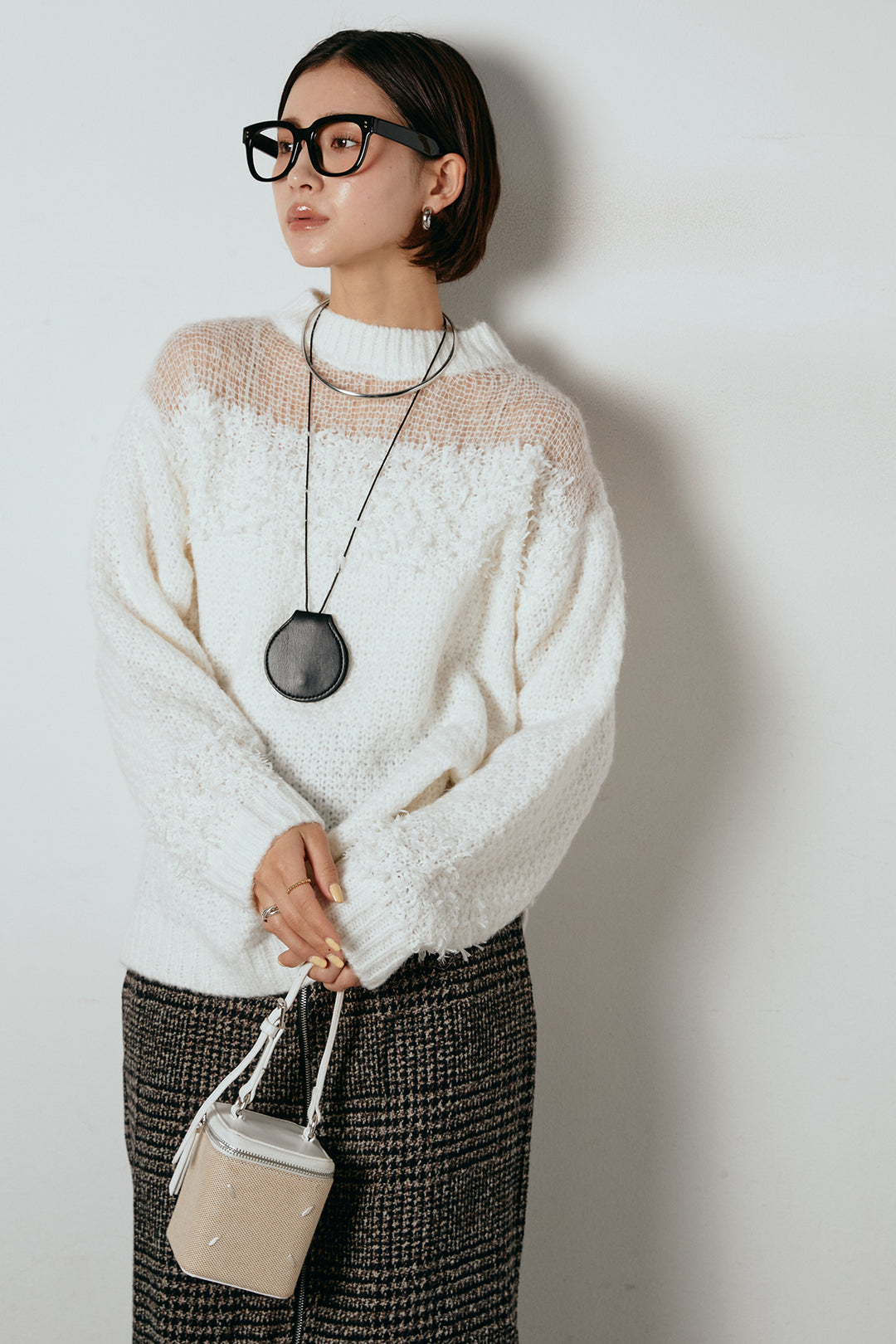 [SET]パターンランダム編みニットトップス+グレンチェック柄フロントジップタイトスカート(2set)