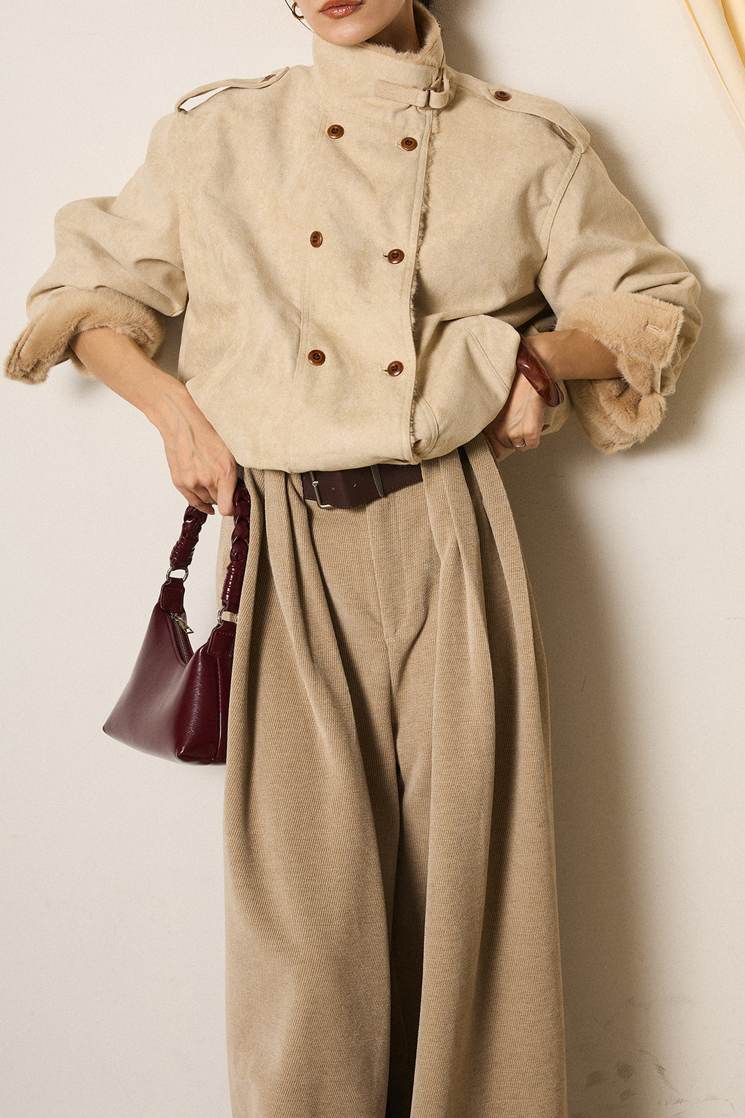 [SET]スタンド襟スウェードライクアウター+ベルトループコーデュロイワイドパンツ(2set)