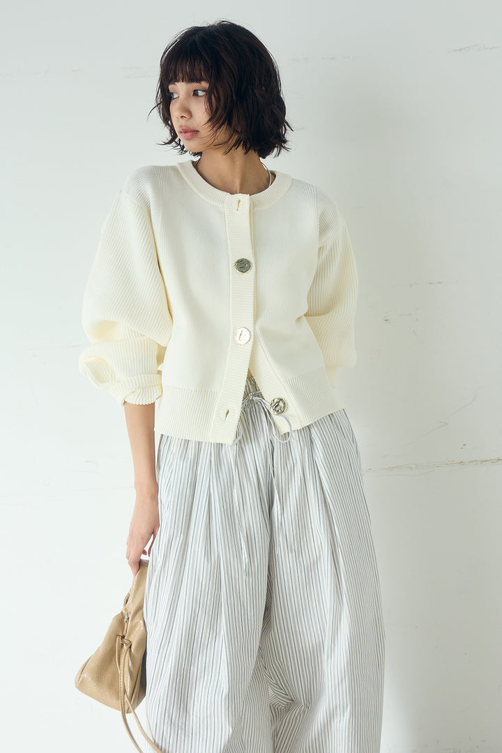 [SET]スポンディッシュBIGボタンクルーネックカーディガン+ランダムストライプタックギャザーパンツ(2set)