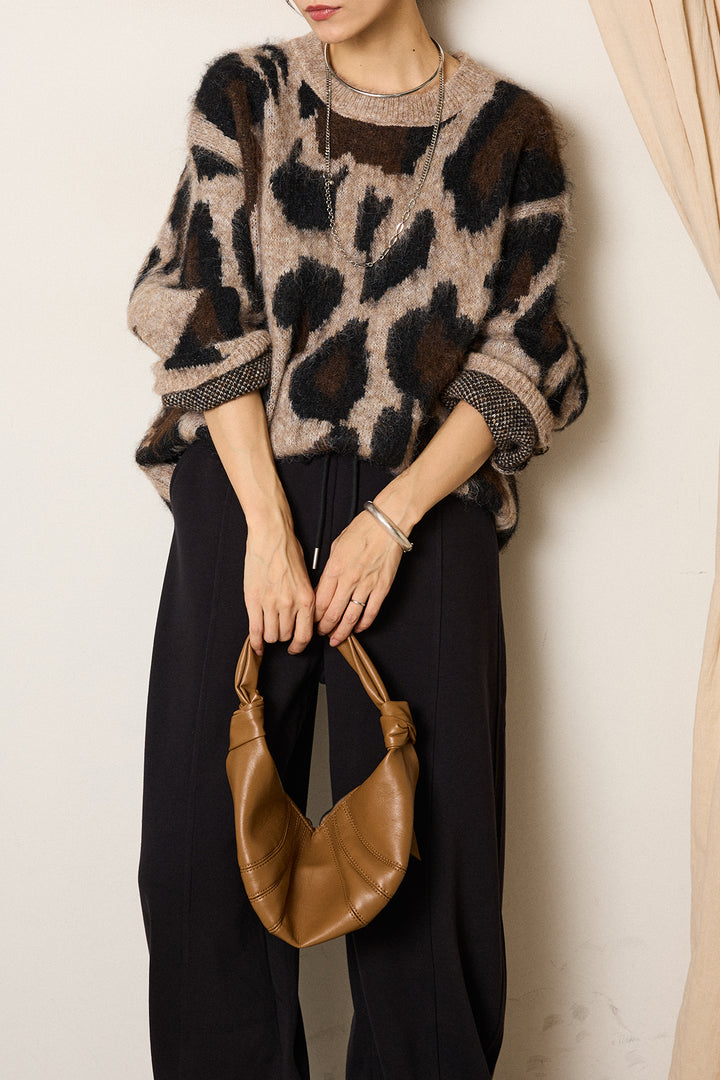 [SET]ルーズアニマルモヘアニットトップス+スウェットワイドカーブパンツ(2set)