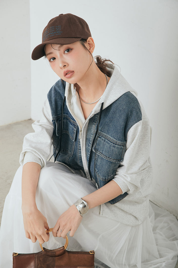 [SET]デニム切替ポンチダブルジップパーカー+ボリュームシルエットチュールスカート(2set)