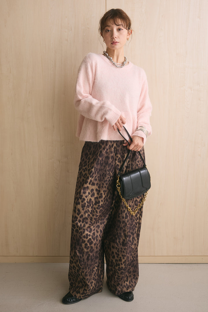 [SET]モヘアぺプラムクルーネックプルオーバー+太ベルト付きレオパード柄ワイドパンツ(2set)