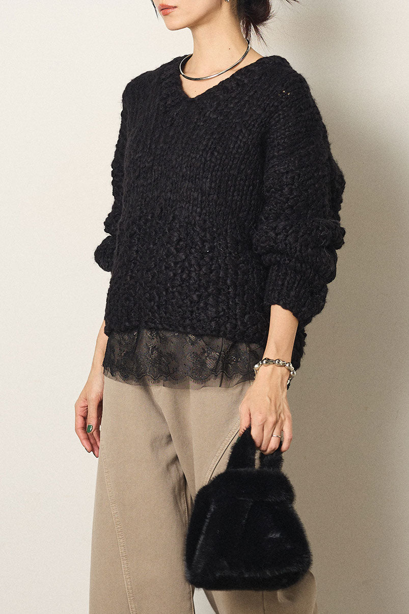 [SET]Vネックハンド編みニットトップス+レース切り替えキャミソール(2set)