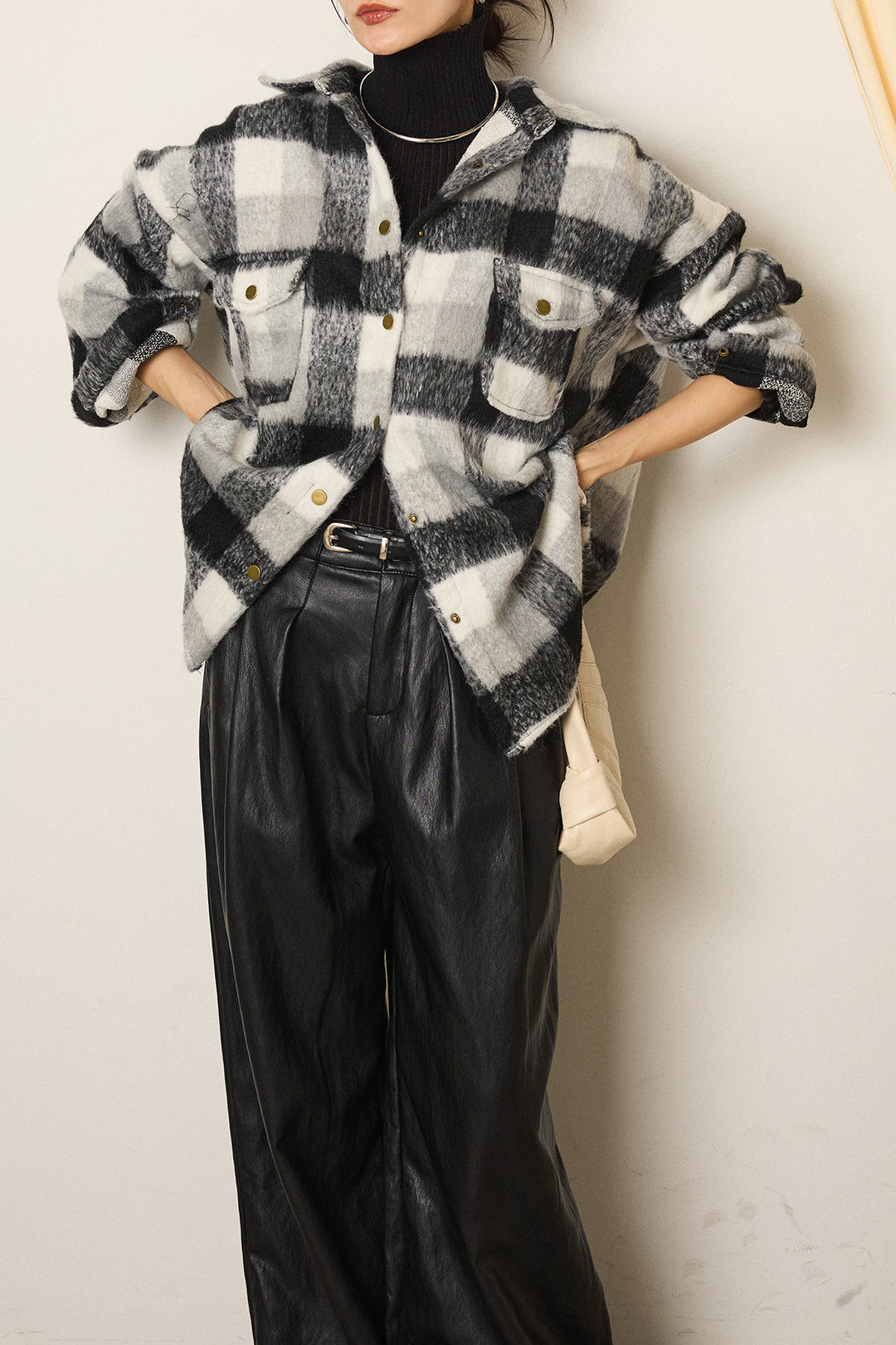 [SET]起毛チェック柄ポケットアウター+ベルト付きレザーライクタックパンツ(2set)