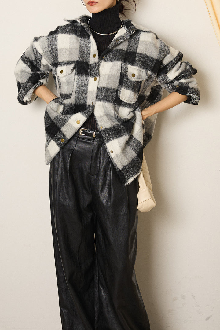 [SET]起毛チェック柄ポケットアウター+ベルト付きレザーライクタックパンツ(2set)