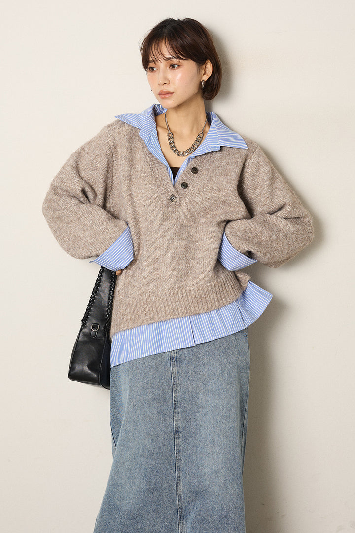 [SET]ストライプシャツドッキングニットポロトップス+デニムロングフレアスカート(2set)