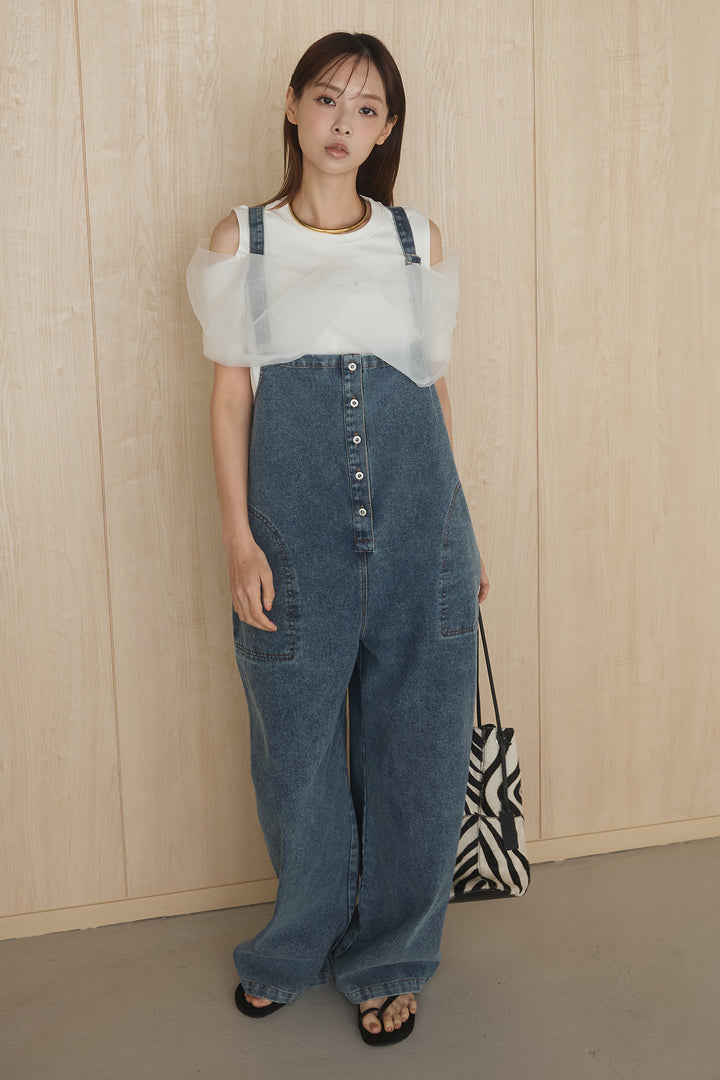 [SET]シアーレイヤーデザインカットソー+フロントボタンデニムサロペット(2set)