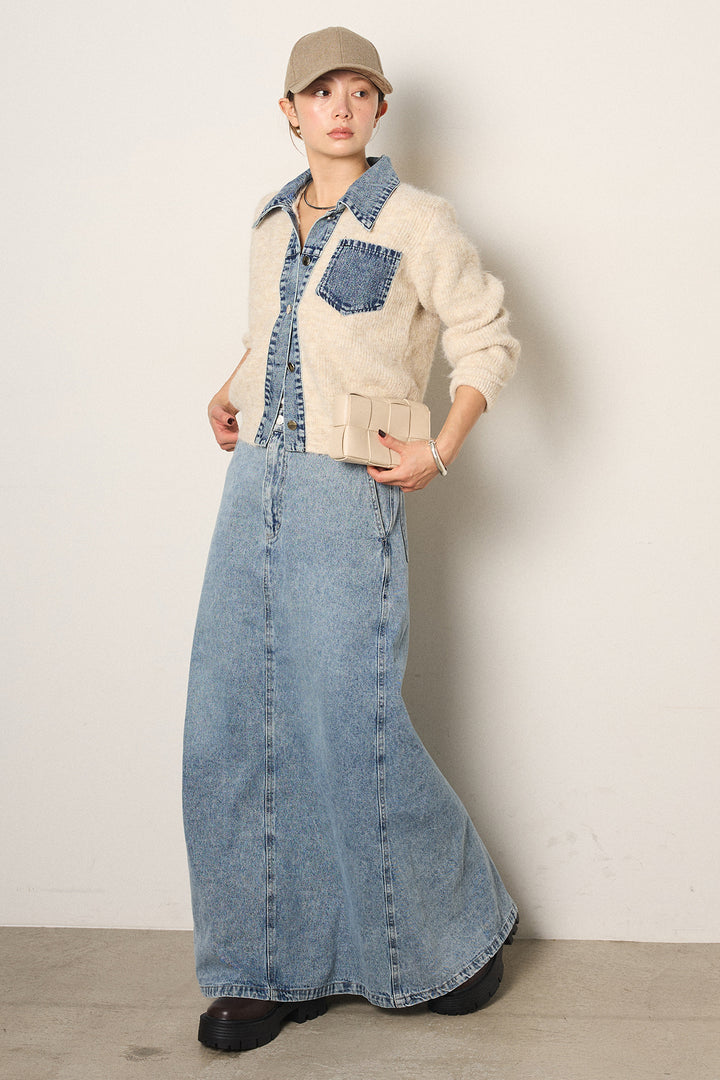 [SET]襟付きデニム切替ニットカーディガン+デニムロングフレアスカート(2set)