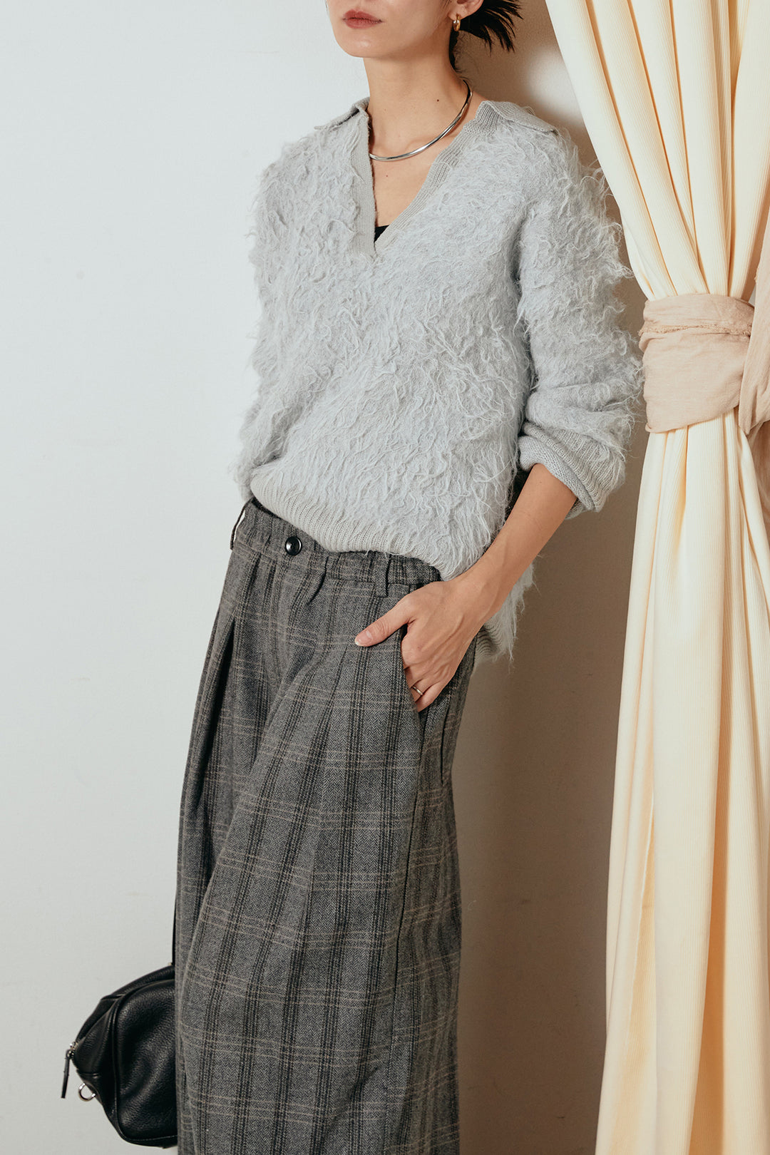 [SET]襟付きシャギーニットポロトップス+タータンチェック柄タックパンツ(2set)