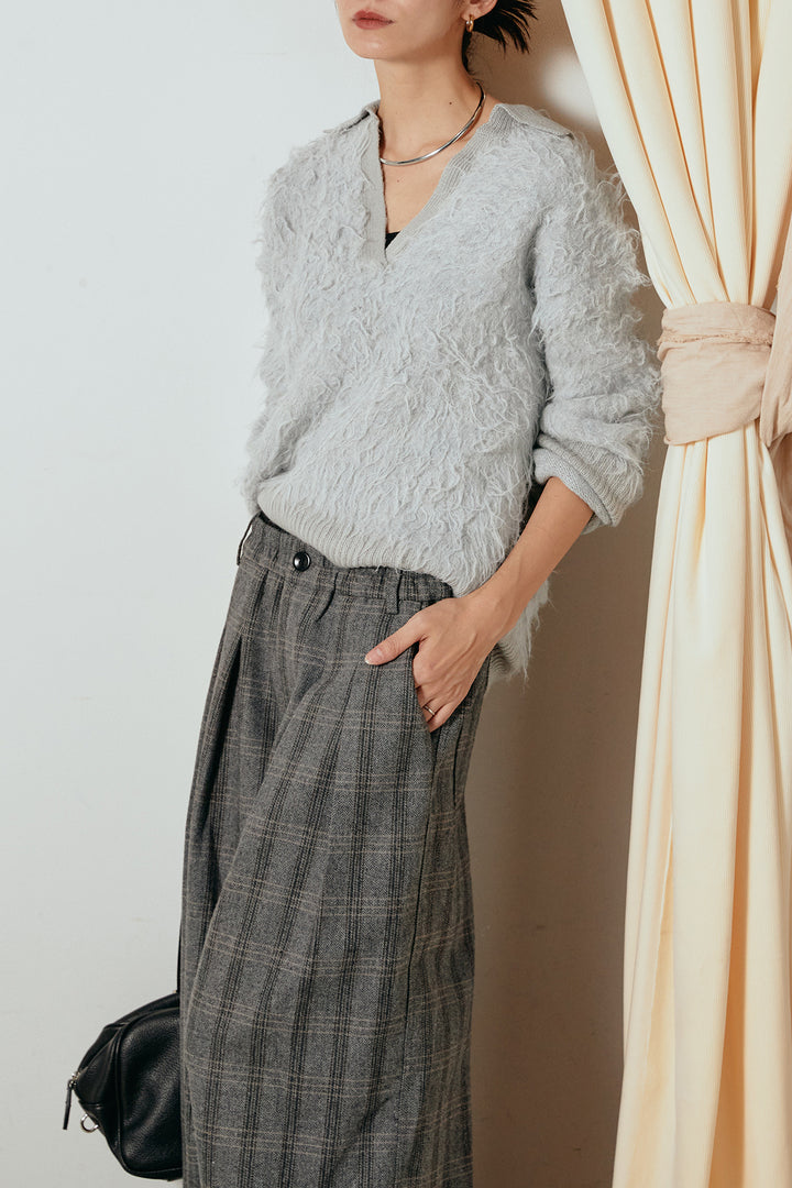 [SET]襟付きシャギーニットポロトップス+タータンチェック柄タックパンツ(2set)