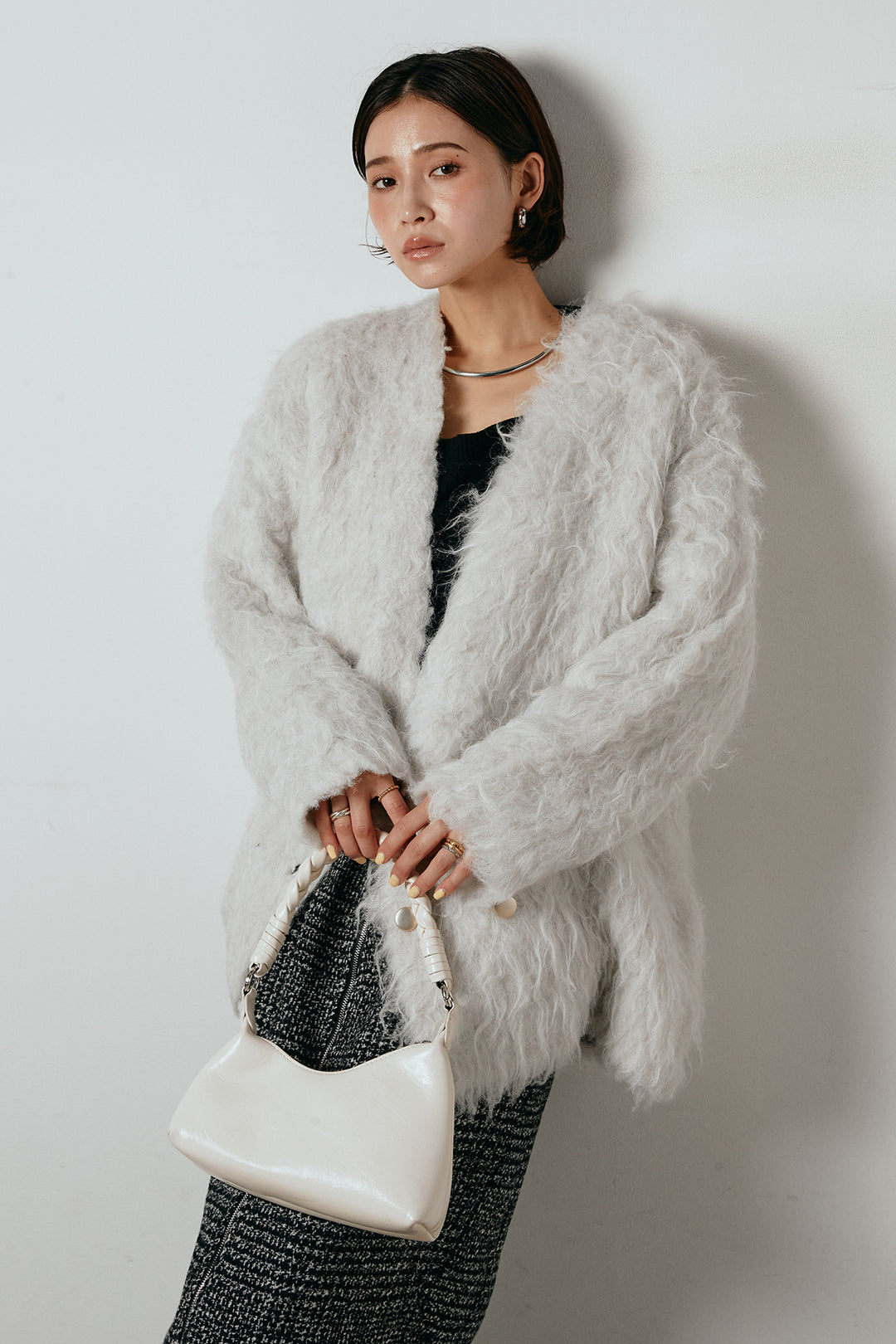 [SET]ウェーブシャギーニットジャケット+グレンチェック柄フロントジップタイトスカート(2set)