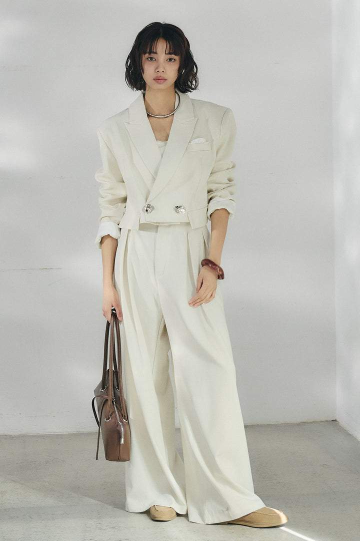 [SET]メタルプレートショート丈ジャケット+メタルプレートタックワイドパンツ(2set)