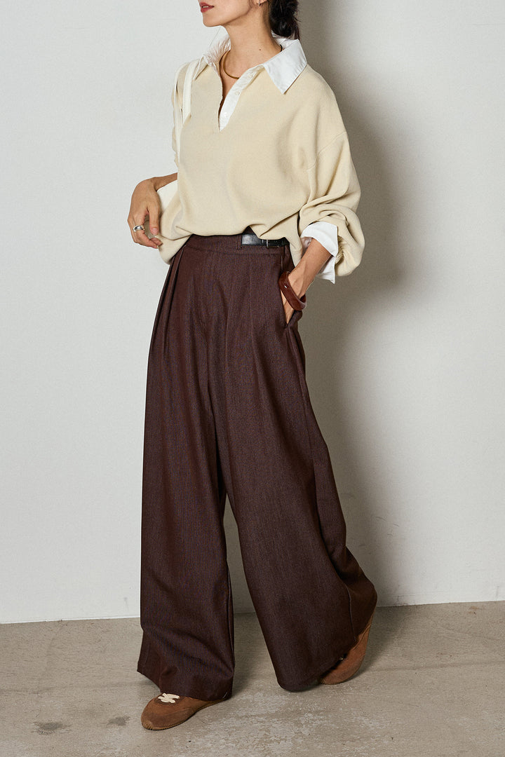 【即納】ウエストベルト付きタックワイドパンツ