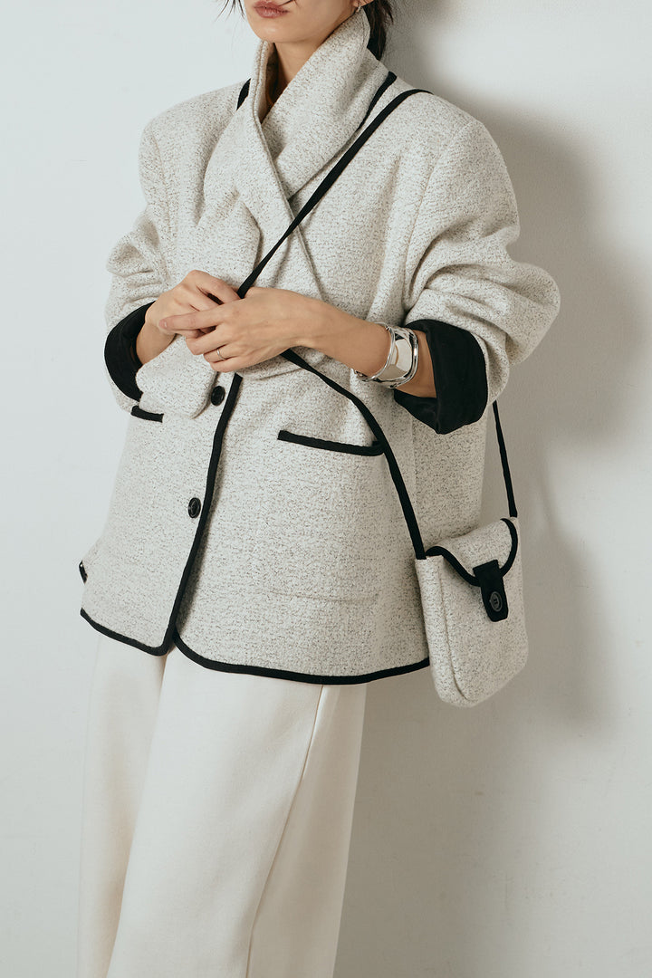 [SET]ノーカラーマフラーバッグ付きアウター+裏起毛スウェットワイドパンツ(2set)