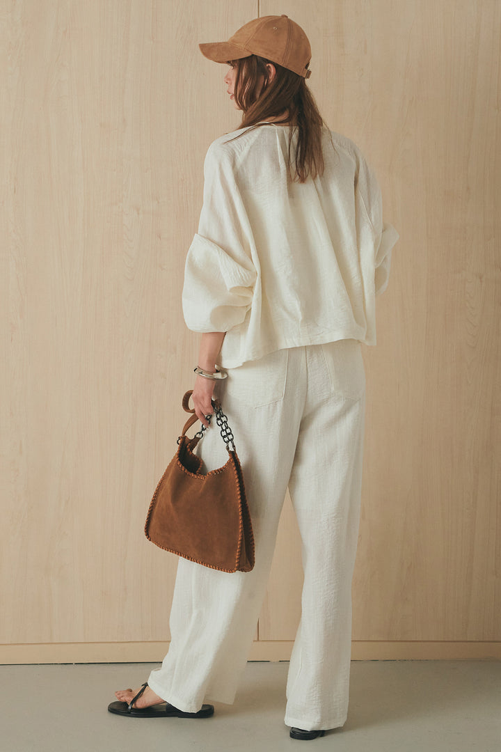 [SET]麻混ノーカラーブルゾン+麻混ウエストドロストパンツ(2set)