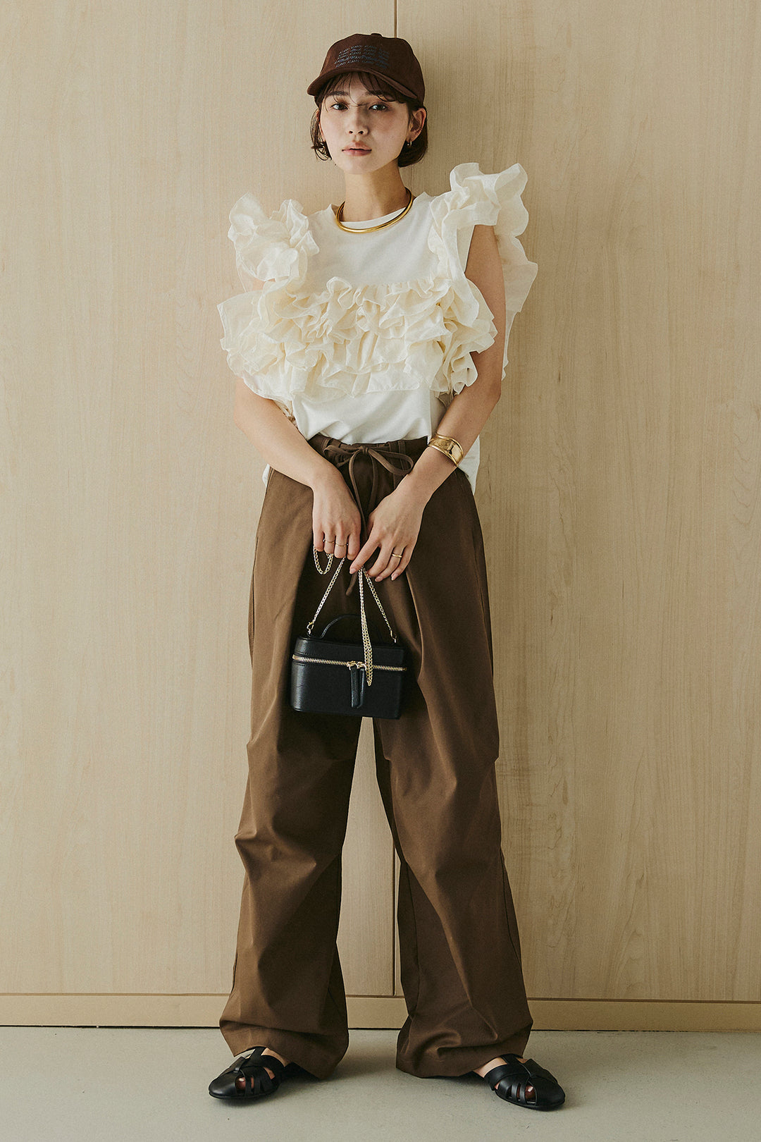 [SET]天竺ナイロンドッキングビスチェ風トップス+ニーサイドタックウエストドロスパンツ(2set)