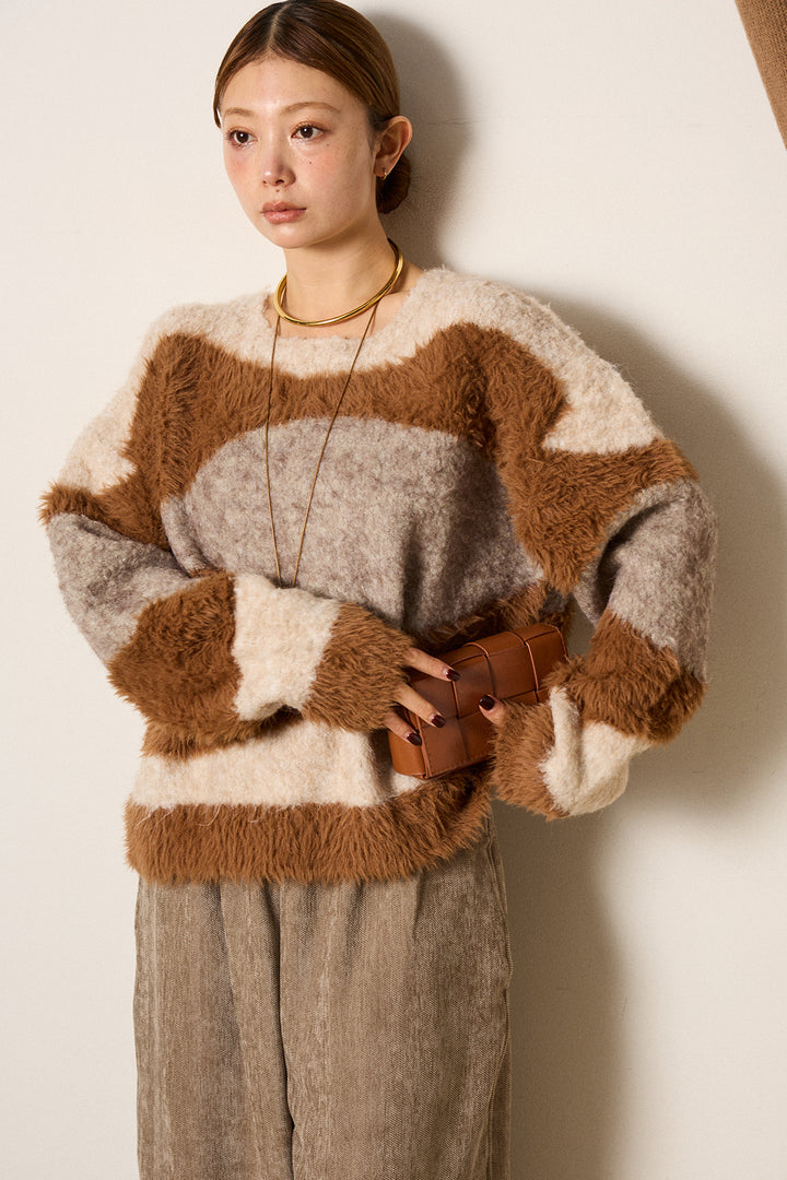 [SET]シャギーウェーブ柄クルーネックニットトップス+かすれデザインワイドパンツ(2set)