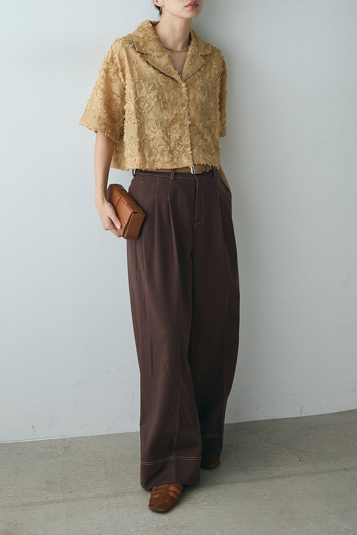 [SET]半袖オープンカラージャガード柄シャツ+ステッチデザインベルトワイドパンツ(2set)