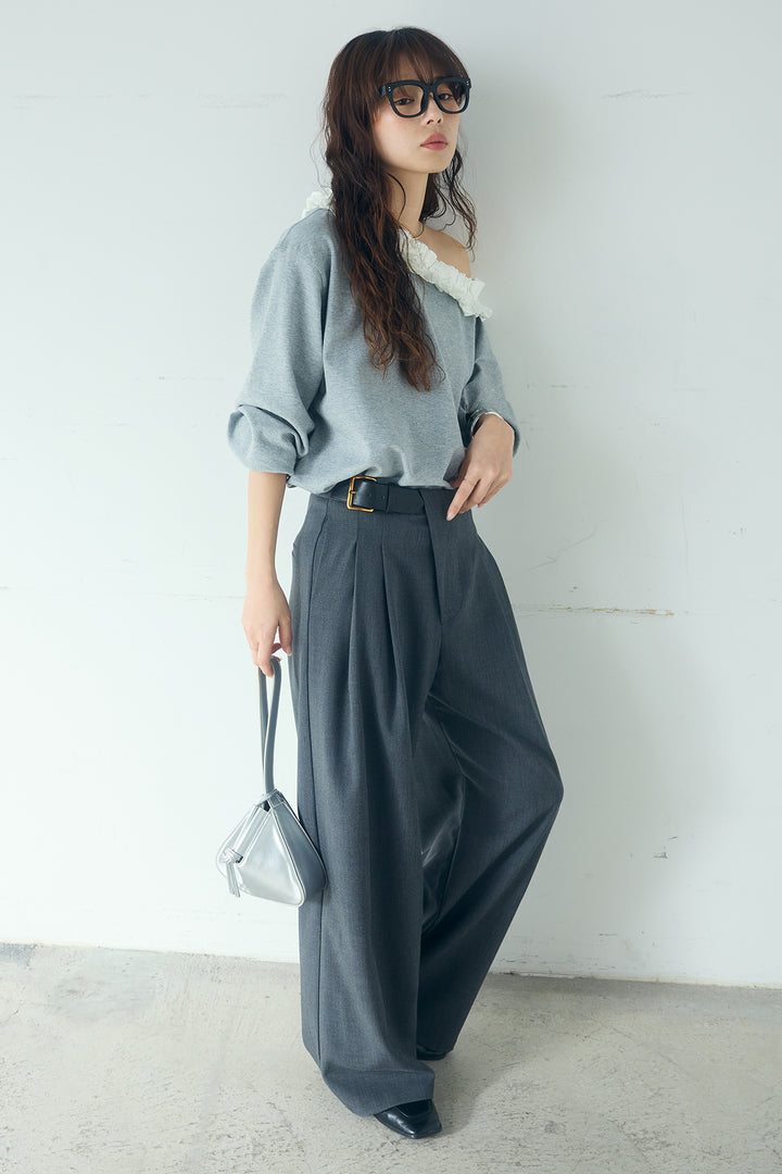 [SET]ネックギャザーフリルスウェット+サイドベルトタック入りスラックス(2set)