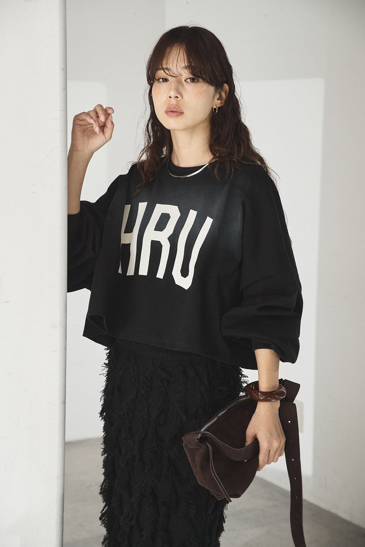 [SET]ビッグロゴHRU袖ボリュームトップス+カットフリンジニットタイトスカート(2set)