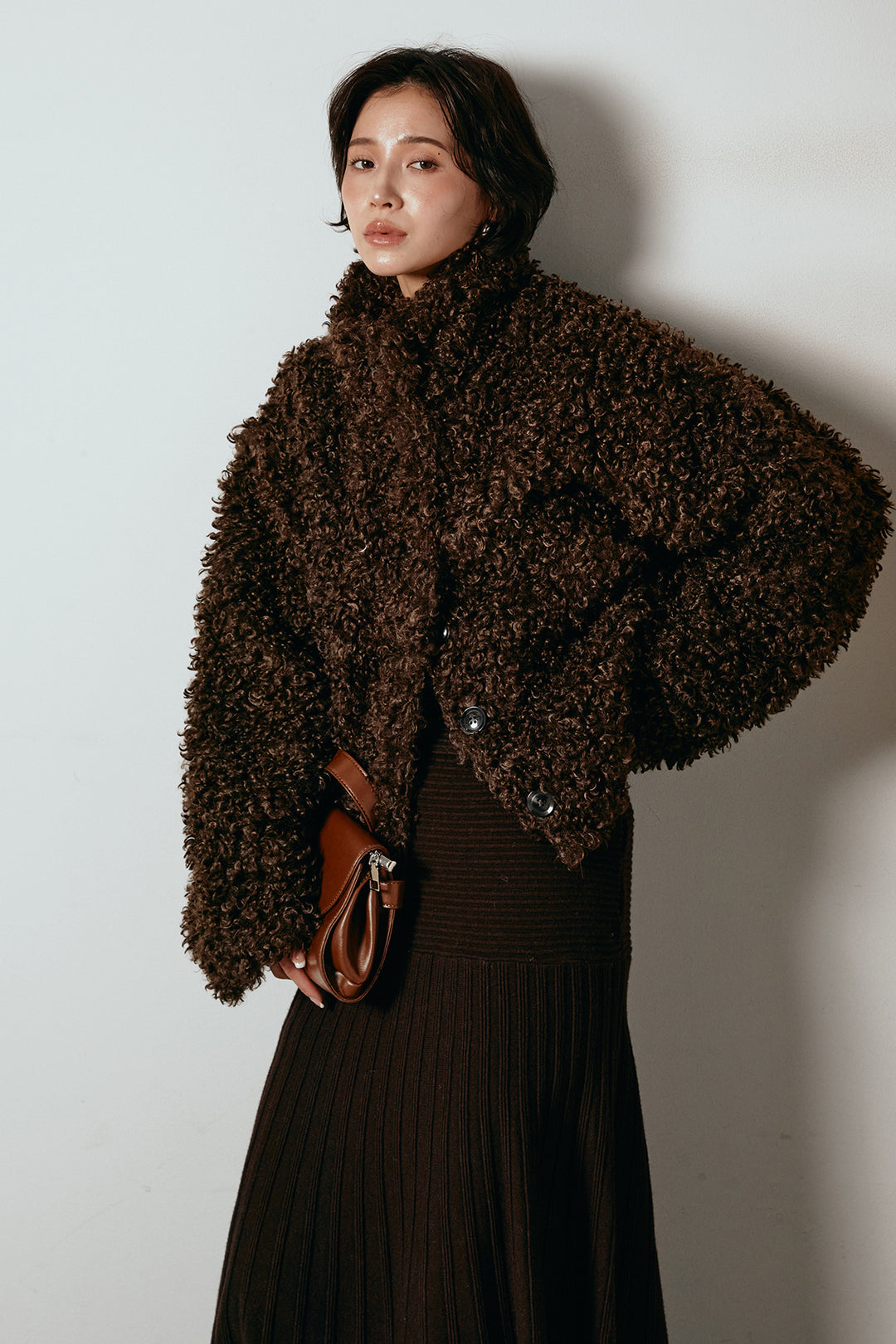 [SET]プードルファーミドルジャケット+編み地切り替えフレアニットスカート(2set)