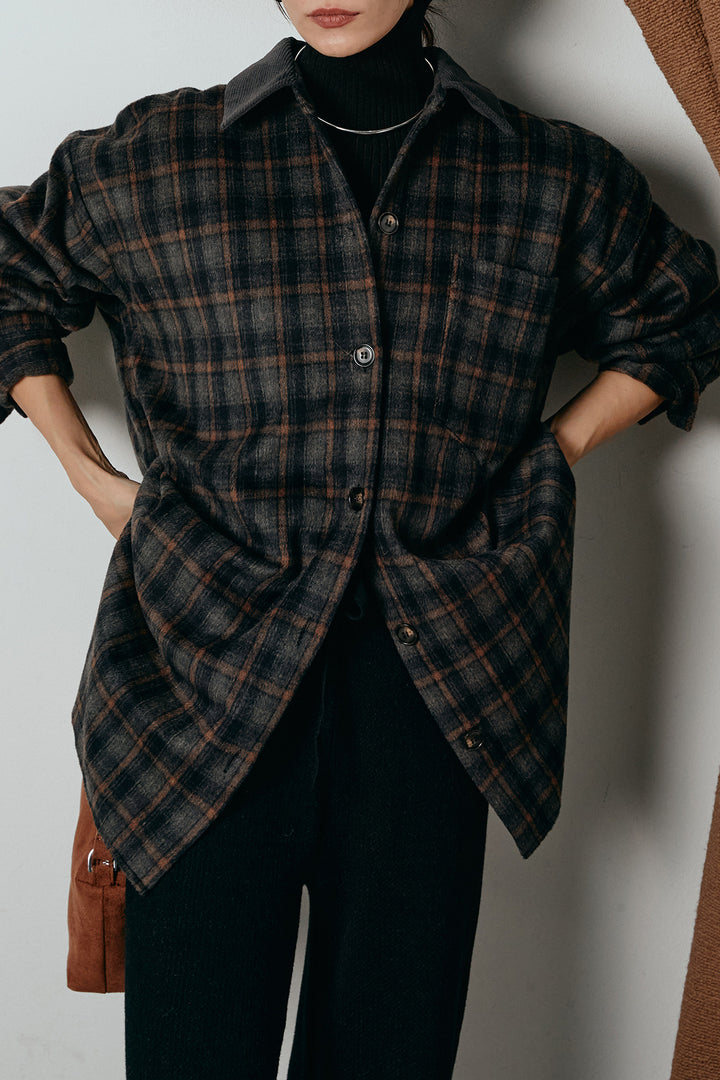 [SET]シャギーチェックシャツジャケット+ワイドリブニットイージーパンツ(2set)