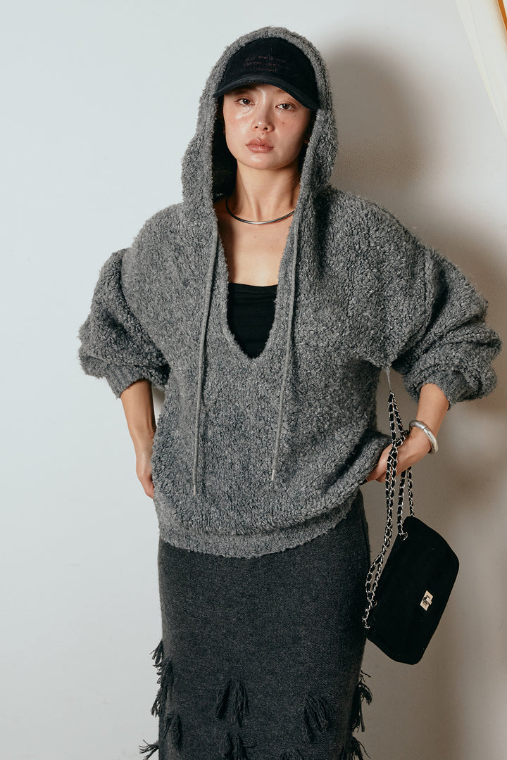 [SET]ブークレキーネックプルオーバー+ポイントフリンジニットナロースカート(2set)