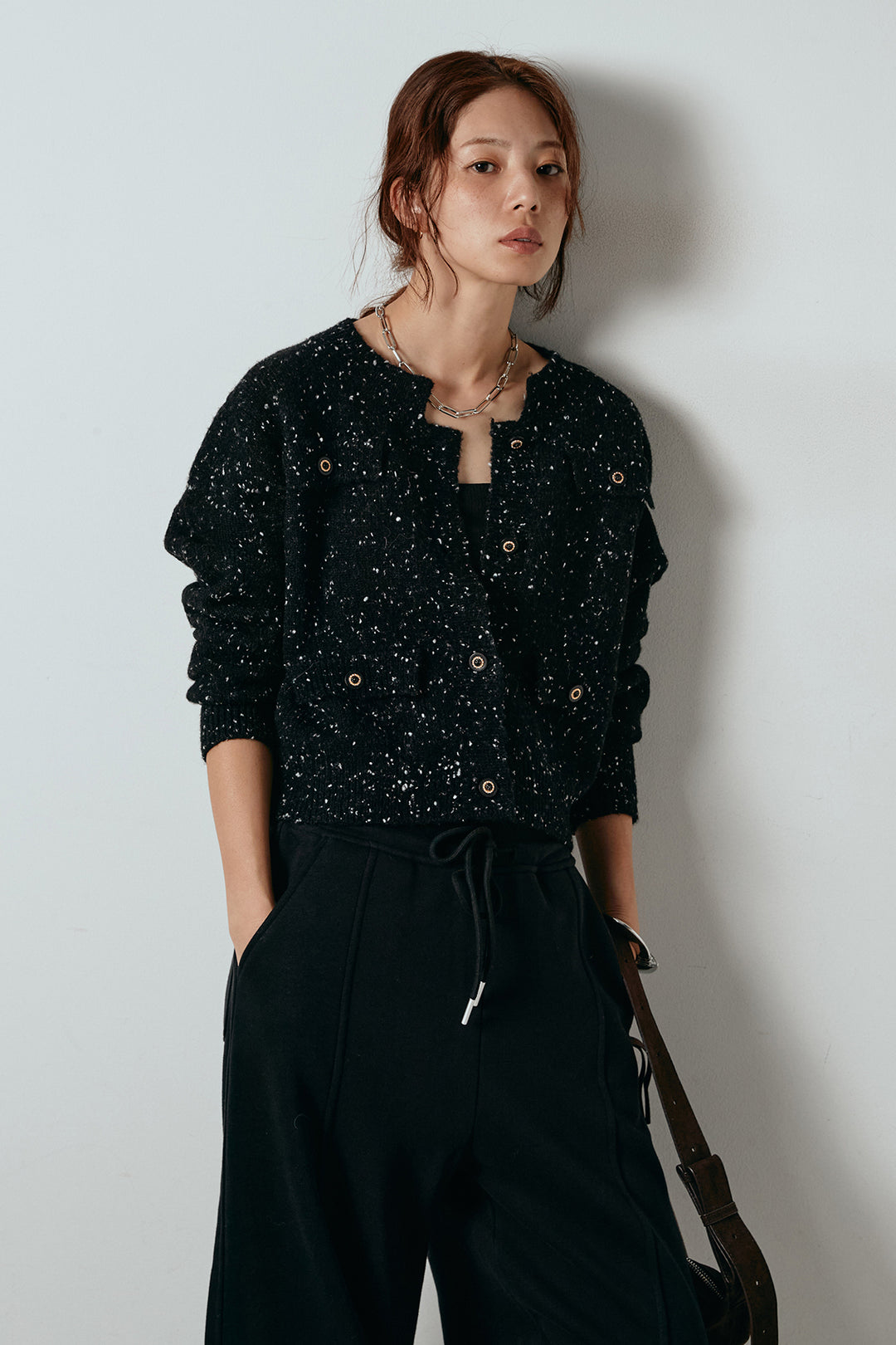 [SET]ネップニットカーディガン+スウェットワイドカーブパンツ(2set)