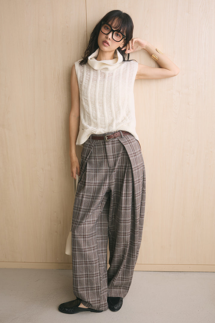 [SET]ハイルーズタートル透かし編みニットベスト+ブリティッシュチェックバレルパンツ(2set)