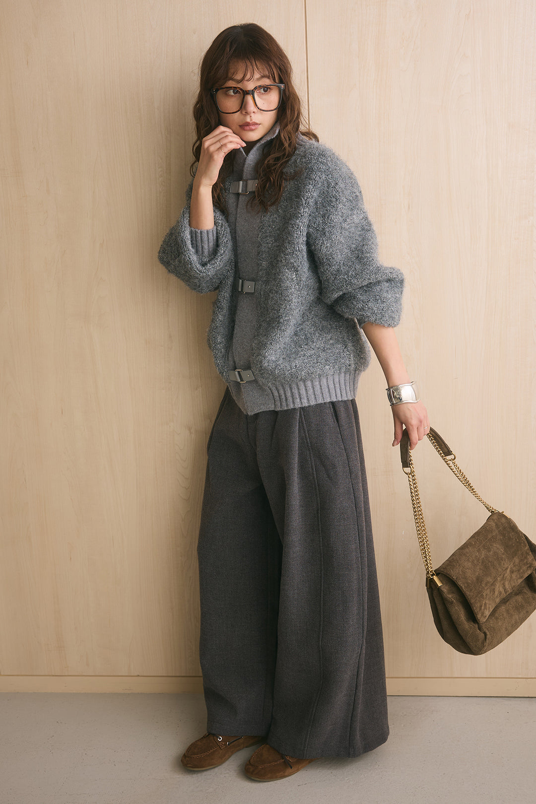 [SET]ブークレーハイネックニットジャケット+ポーチベルト付きカーブパンツ(2set)