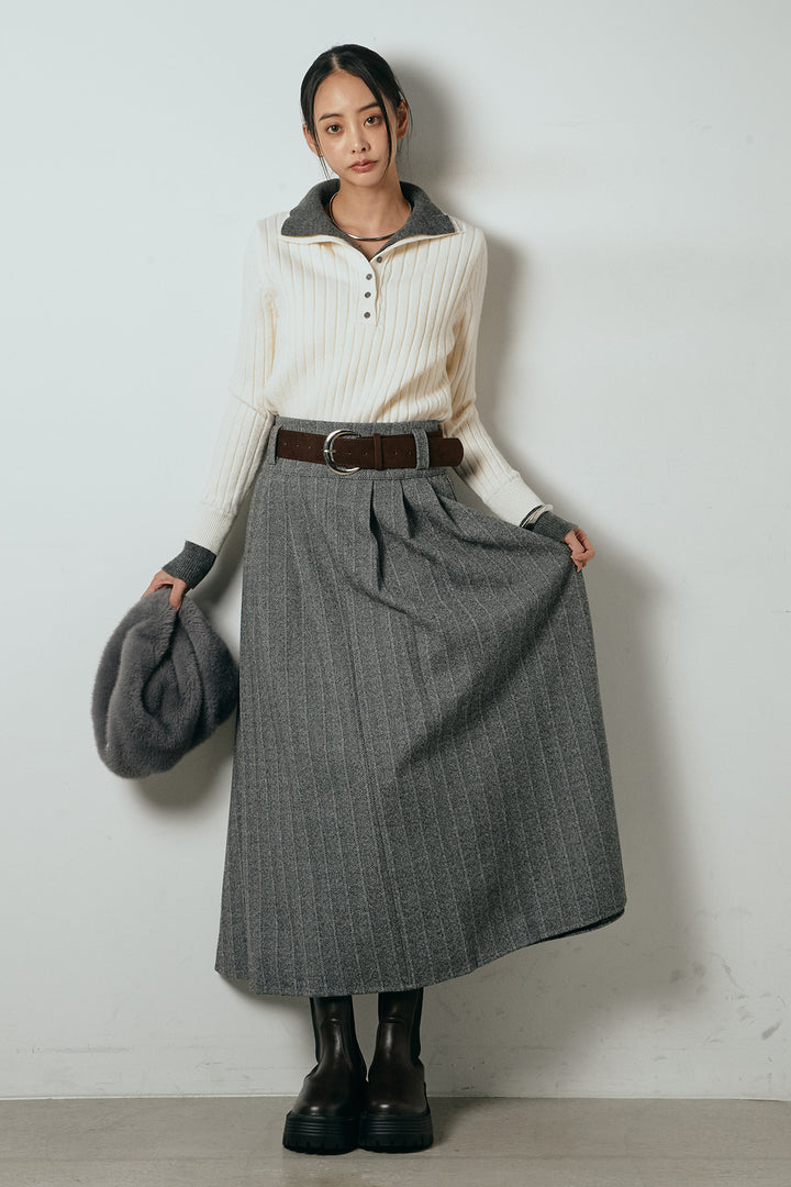[SET]レイヤード風リブニットトップス+太ベルト付きヘリンボーンプリーツスカート(2set)