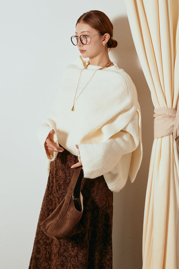 [SET]ケープデザインリブニットトップス+花柄刺繍ベロアフレアスカート(2set)