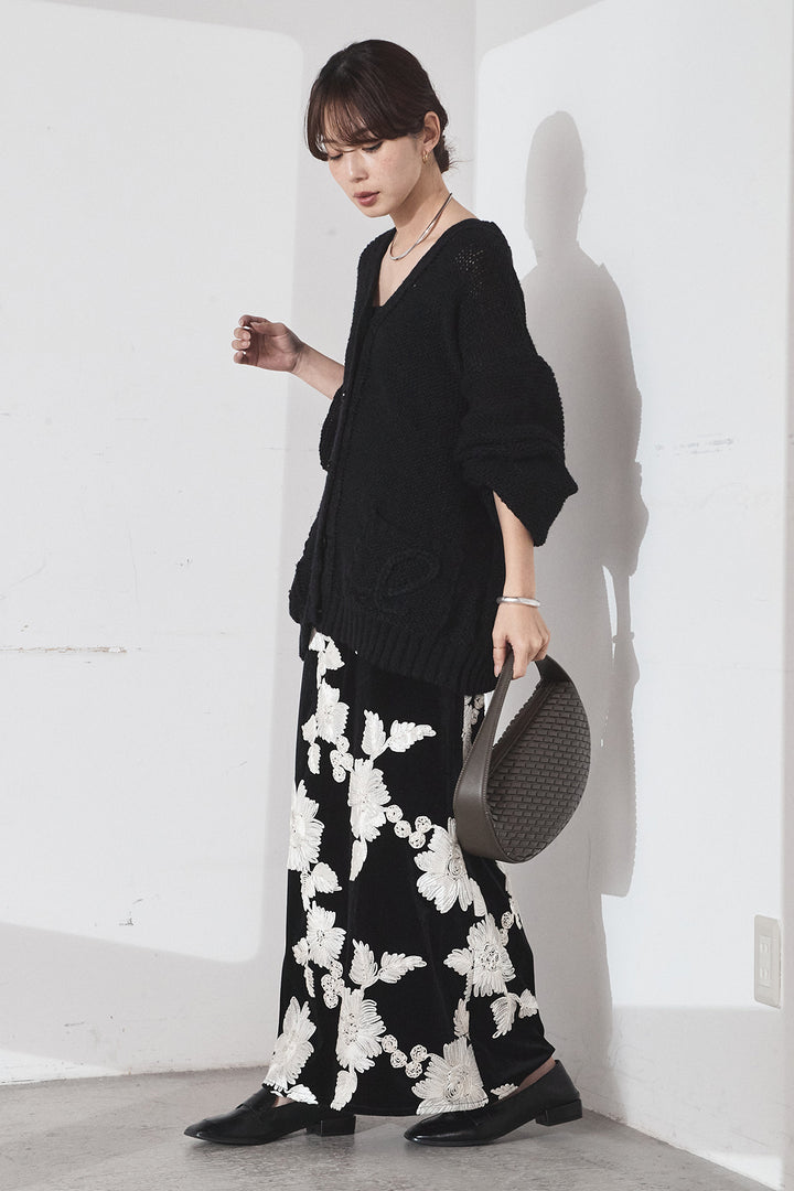 [SET]コード刺繍リラックスニットカーディガン+フラワー刺繍ワイドスカート(2set)
