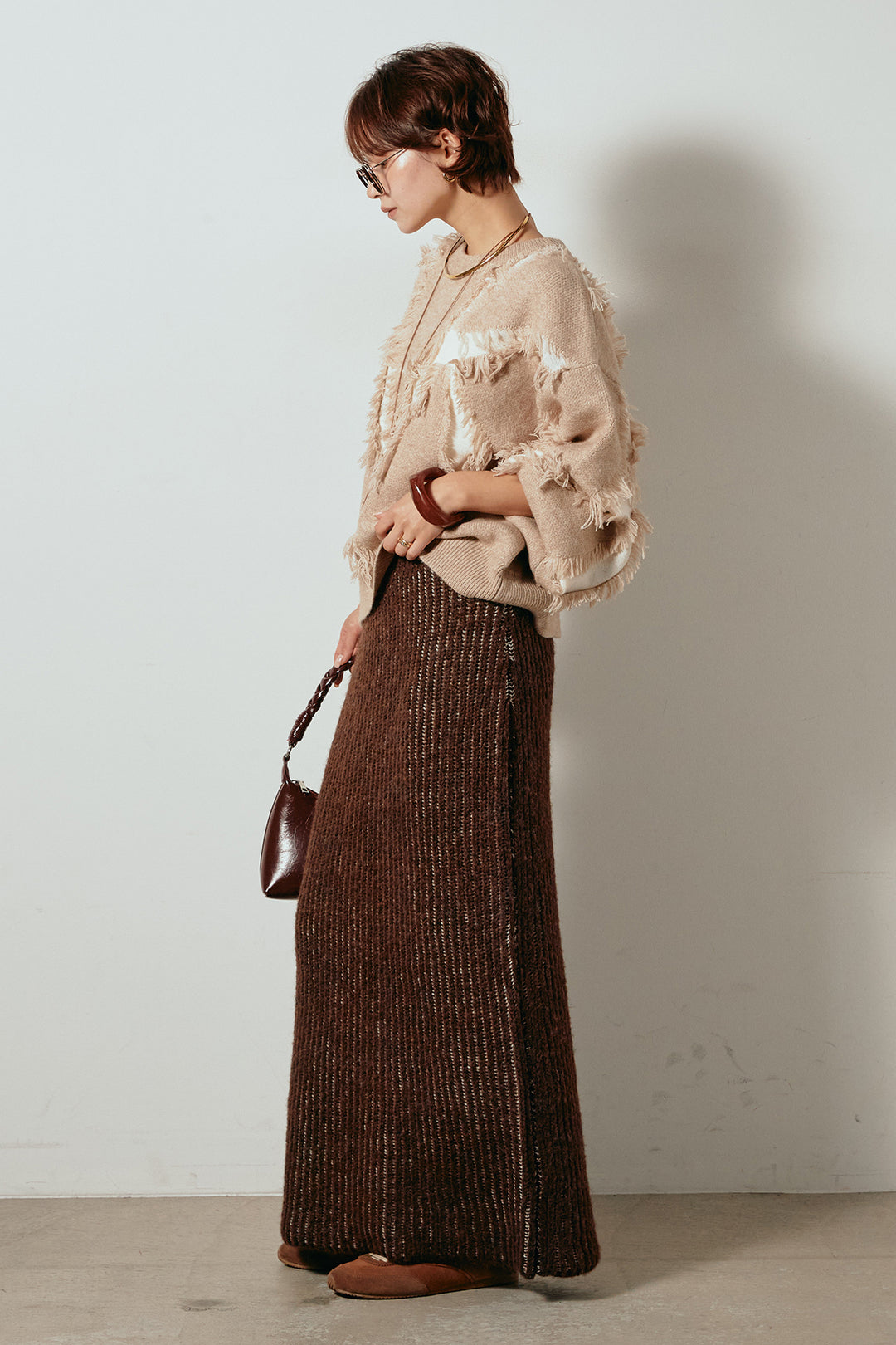 [SET]シャギージャガードニットトップス+アルパカタッチニットタイトスカート(2set)