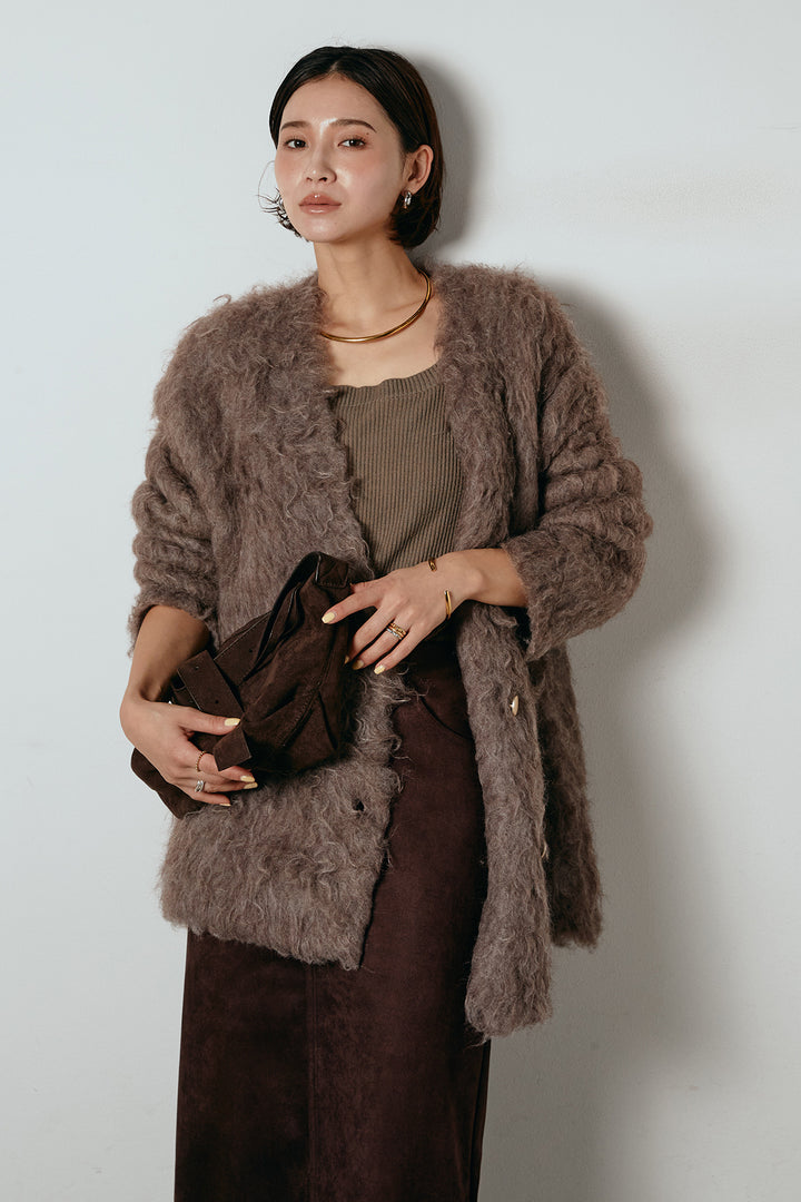 [SET]ウェーブシャギーニットジャケット+スウェードライク裾フリンジスカート(2set)