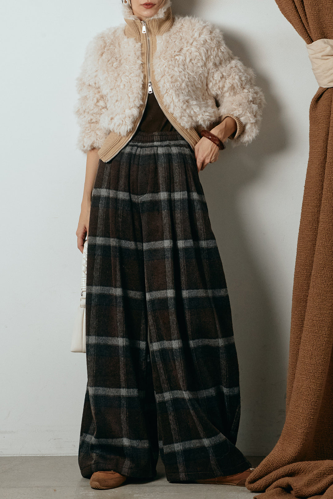 [SET]ハイネックショート丈ボアジップブルゾン+起毛タータンチェック柄ワイドパンツ(2set)