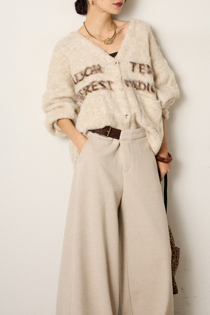 [SET]ウール混透かしロゴニットカーディガン+サイドベルトパンツ(2set)